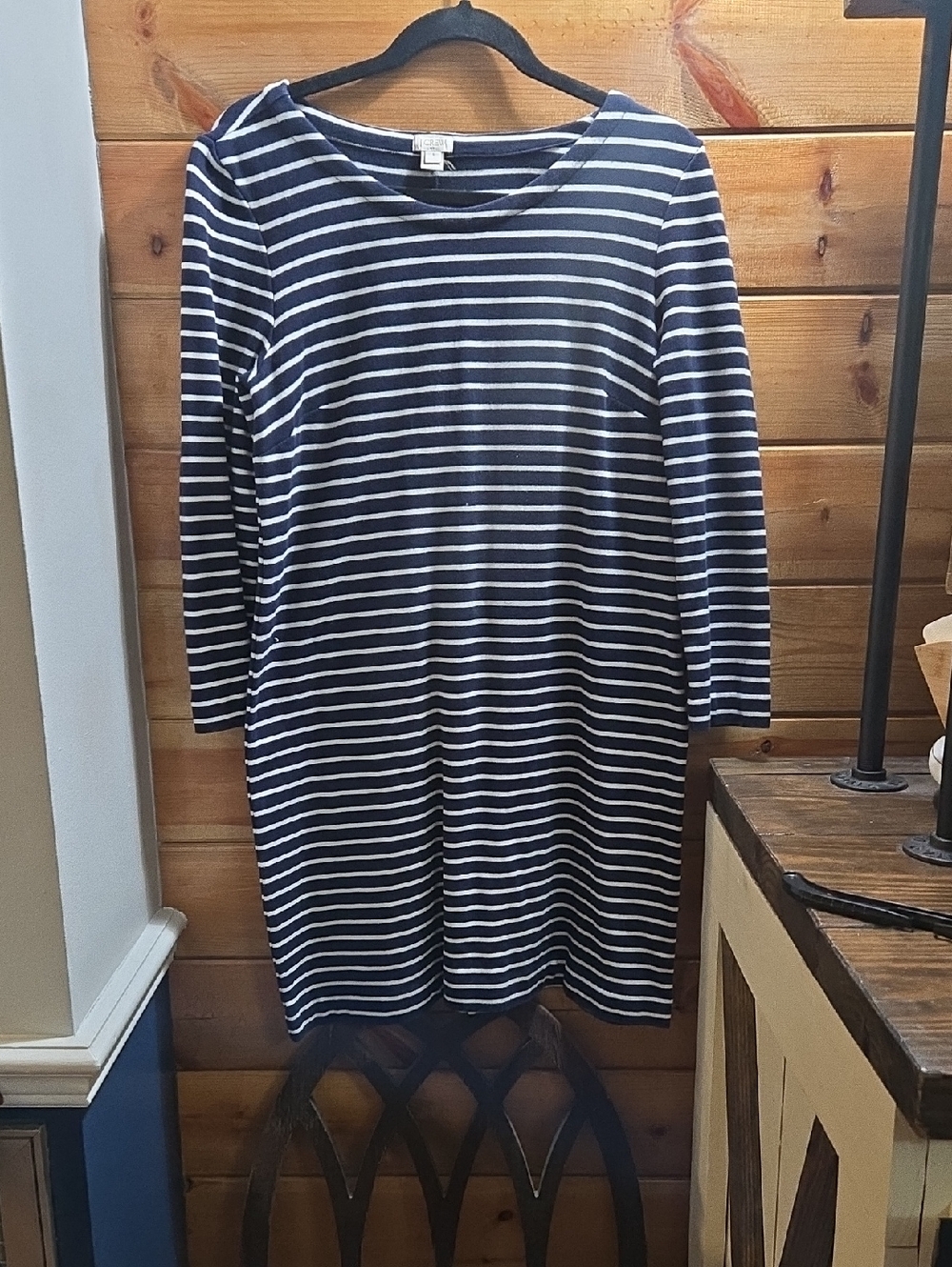 J. Crew Navy and White Striped Long Sleeve Shift Dress Size Small 0451